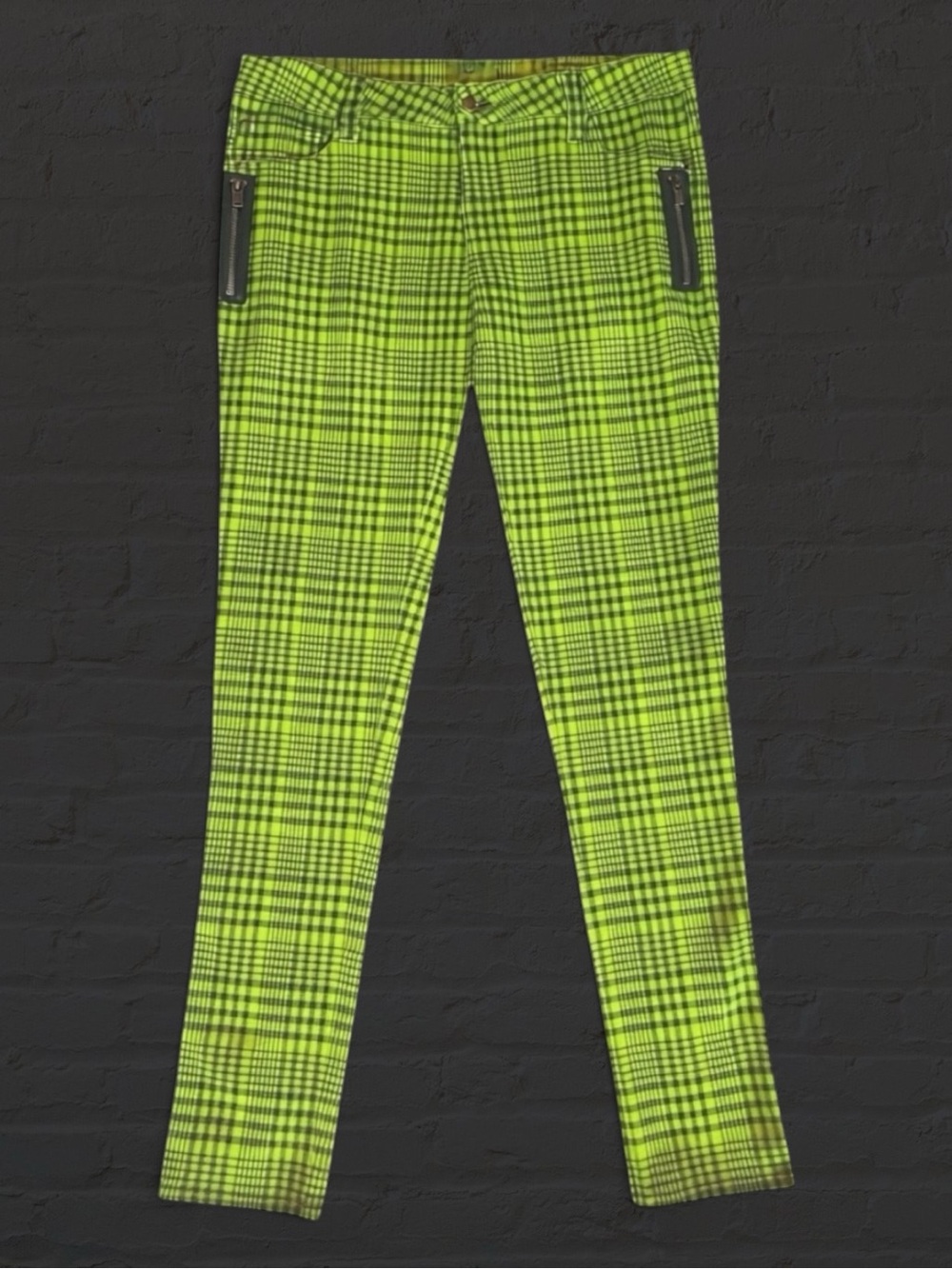 Tripp NYC Skinny Pants Plaid Neon Green Vintage Y2K Punk Goth Streetwear 9 NWOT